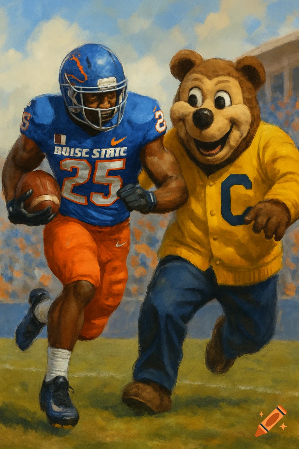 A painterly image of a Boise State football player running with Oski the Bear mascot on a football field.