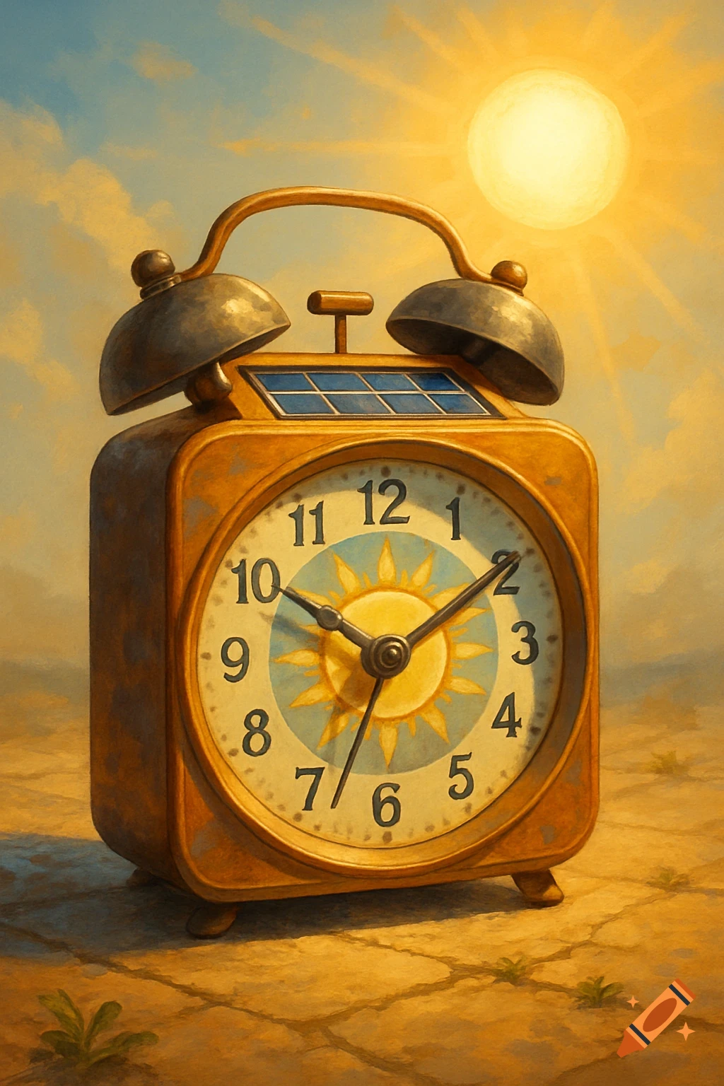 A solar-powered alarm clock sits in a desert landscape under a bright sun, rendered in a painterly style.