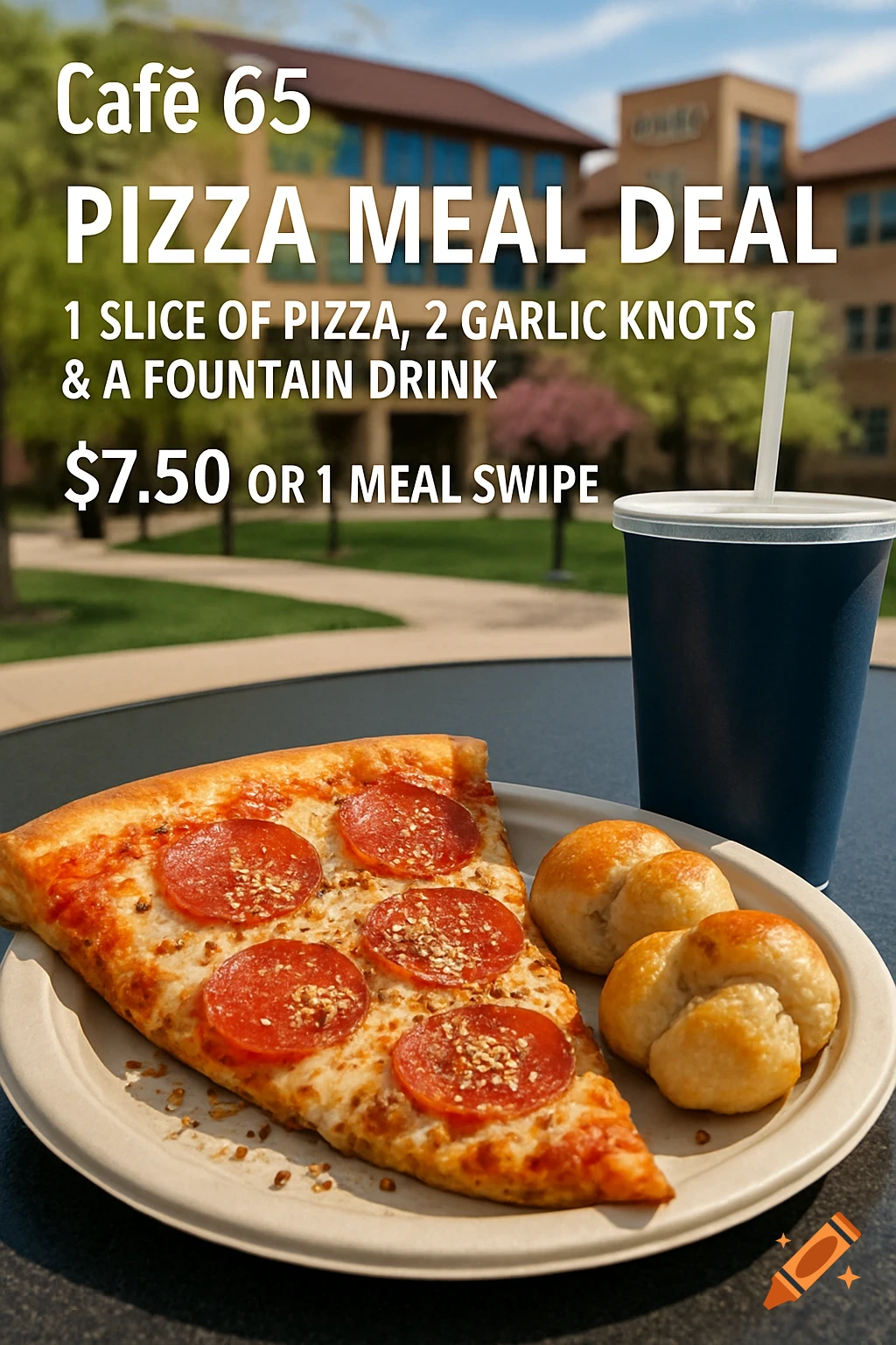 Slice of pepperoni pizza, garlic knots, and drink with overlaid text about a pizza meal deal at Café 65.