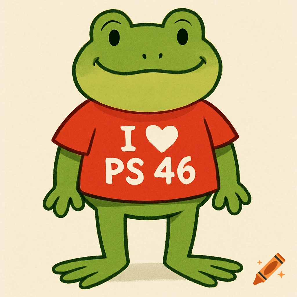 A cartoon frog wears a red t-shirt with "I love PS 46"