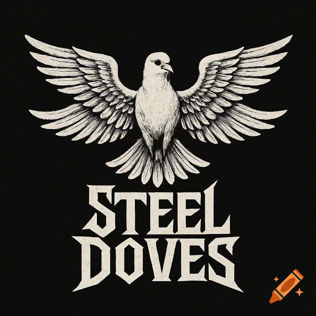 Stylized white dove above STEEL DOVES text on black background in a woodcut style.