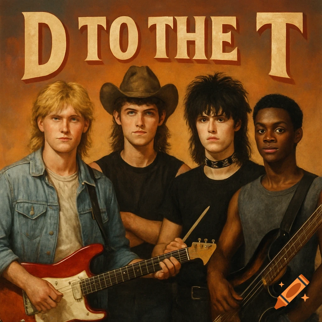 Four young men posing as a band with guitars in front of large text reading "D TO THE T".