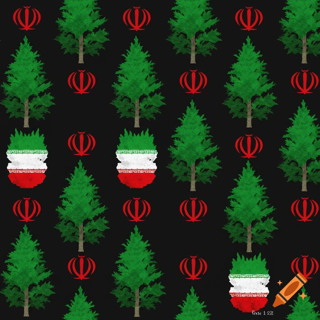 A repeating pattern featuring green pine trees and red emblems on a black background, with some tree shapes colored like the green, white, and red Iranian flag.