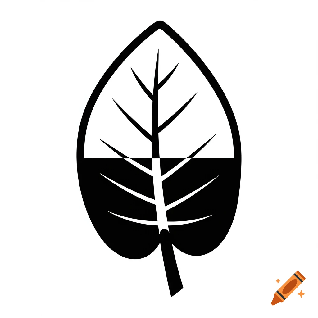 Black and white graphic of a leaf with the bottom half solid black and the top half hollow with black veins.