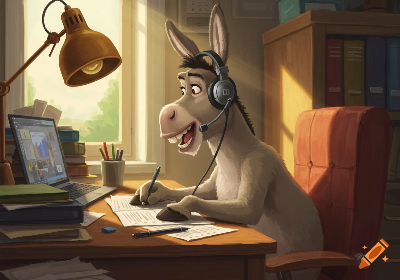 Shrek's Donkey wearing a headset sits at a desk writing on paper next to a laptop, painted illustration style.