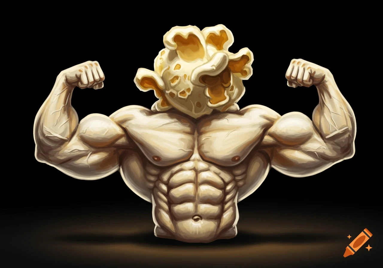A muscular body builder has a piece of popcorn for a head, flexing its arms.