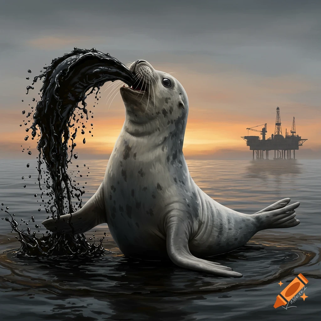 A painterly image of a seal spitting black oil into the water, with an oil rig in the ocean at sunset.
