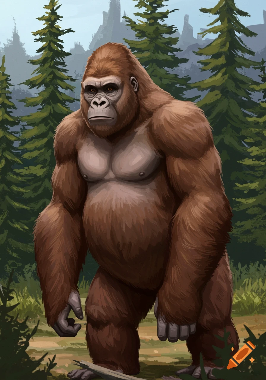 A large brown ape-like creature stands in a forest with tall trees and mountains in the background, digital painting style.