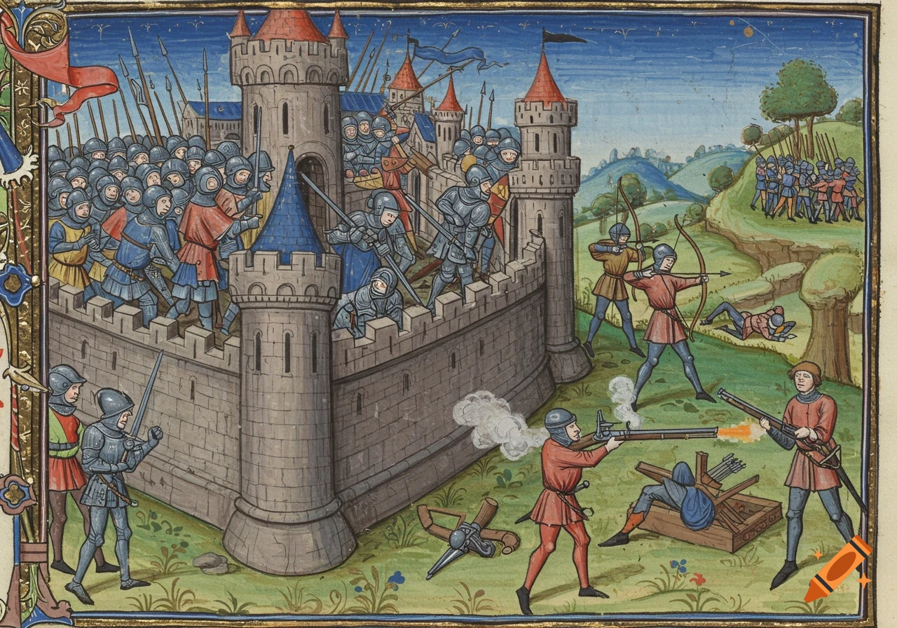 Medieval illuminated manuscript of a castle siege with knights, archers, and early firearms