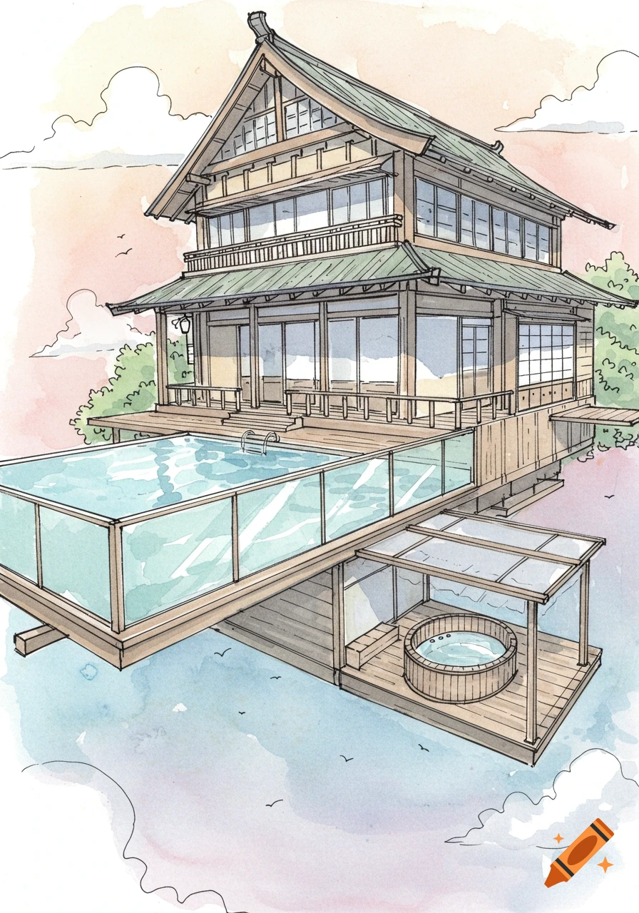 Watercolor sketch of a Japanese house floating in the air with a pool and hot tub.