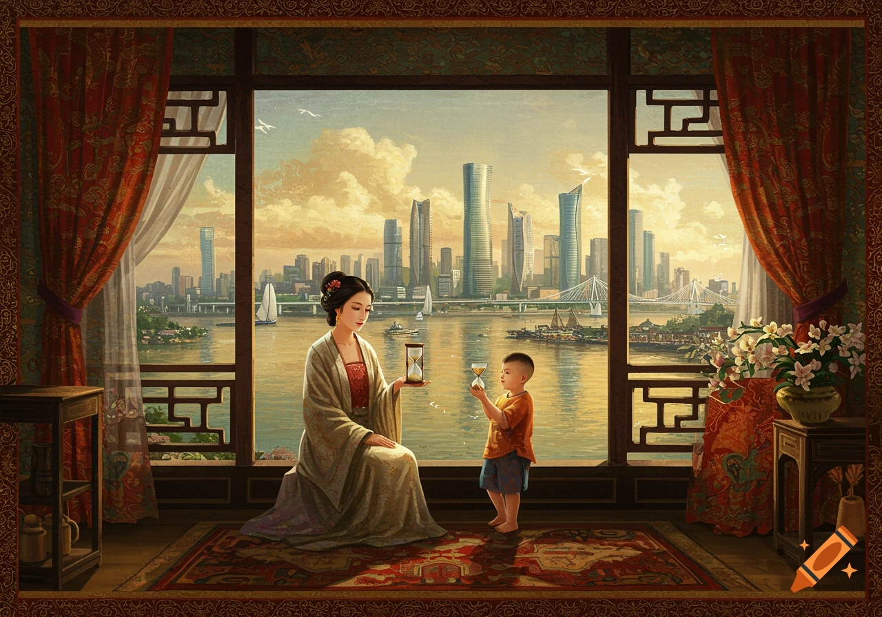 A woman in traditional Chinese dress and a boy hold hourglasses looking out a window at a modern city skyline and river, in a painting style.