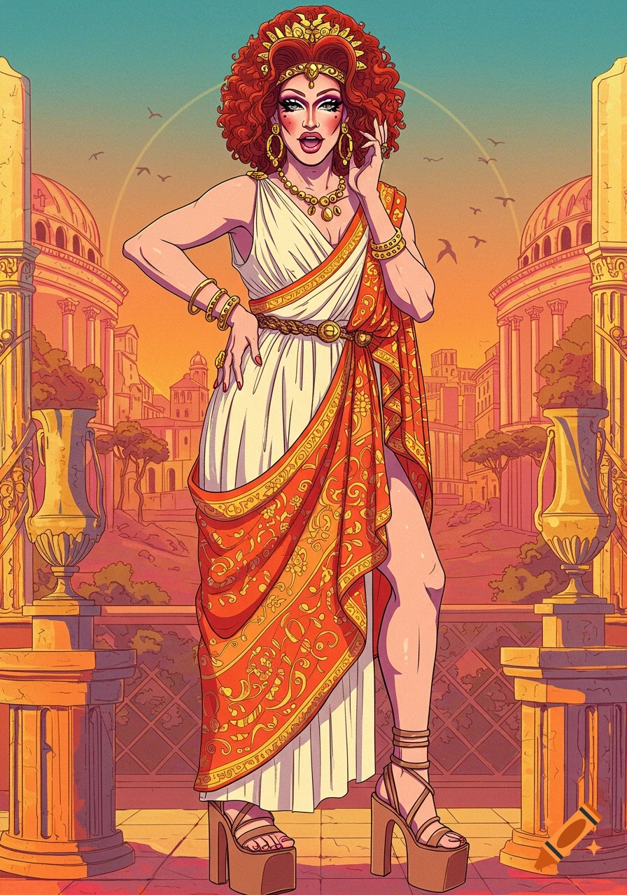 An illustration of a drag queen in ornate Roman attire and platform heels standing in front of ancient architecture.