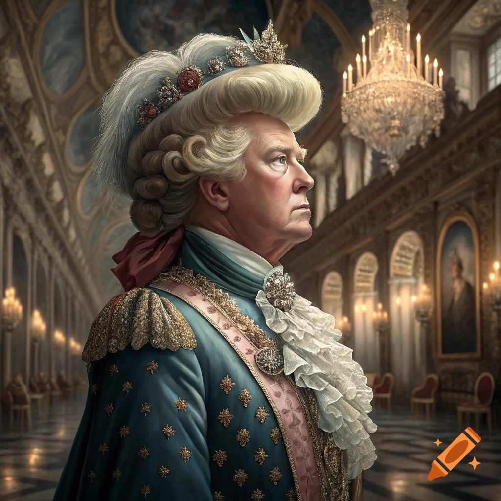 Portrait of a man resembling Donald Trump in ornate 18th-century regal attire in a palace