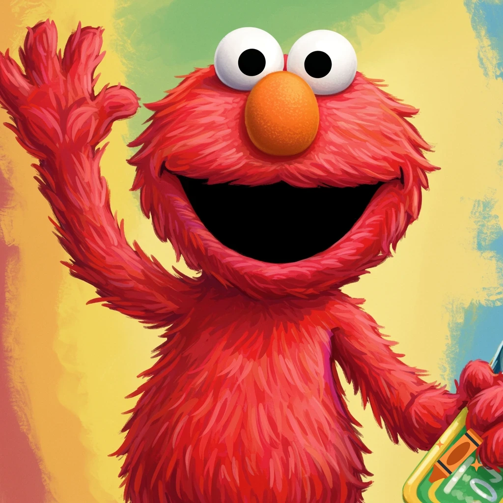 Elmo the red monster waving with a colorful painterly background.
