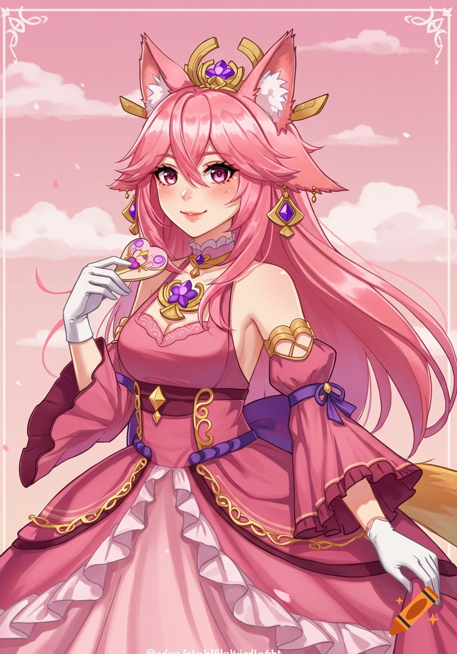 Yae Miko, a pink-haired fox girl in a pink princess dress, smiling and holding a heart compact.