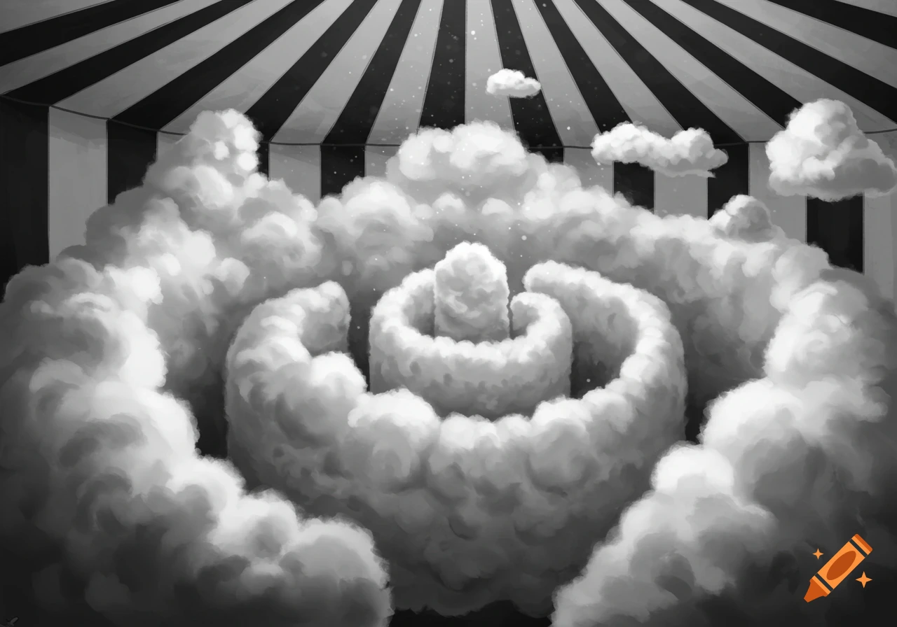 Black and white surreal cloud maze inside a striped tent.