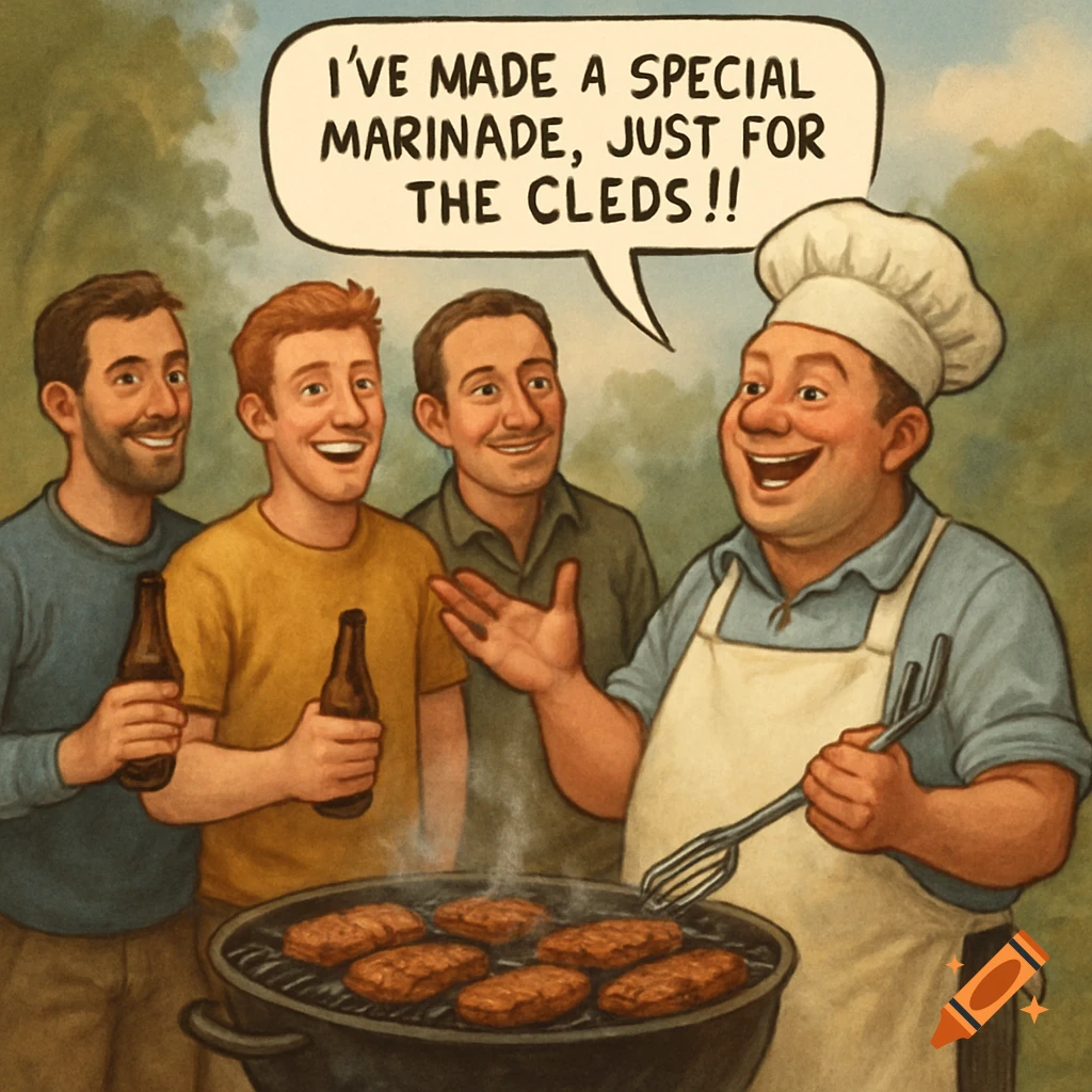 Cartoon illustration of men at a barbecue with one speaking.