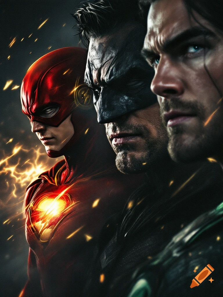 Dramatic portrait of Flash, Batman, and another superhero in a movie poster style with lightning and sparks.