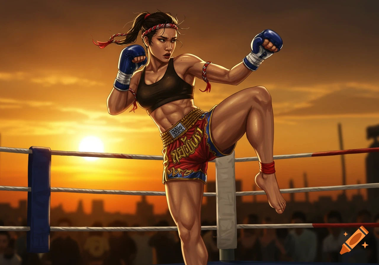 Muscular woman in Muay Thai pose in boxing ring at sunset.