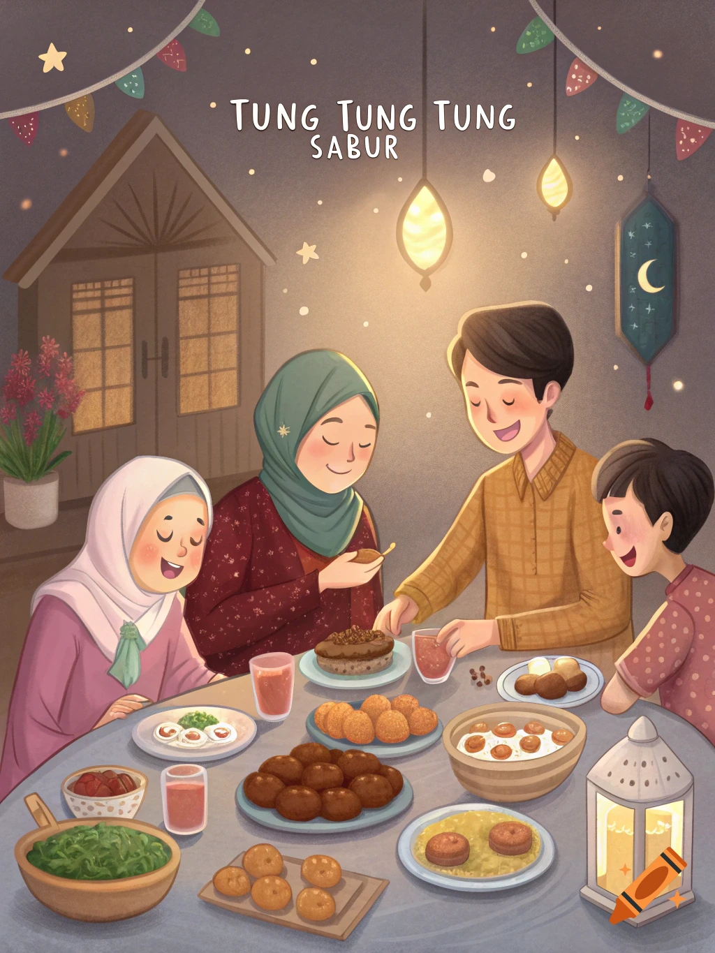 Illustration of a Muslim family having a meal at night