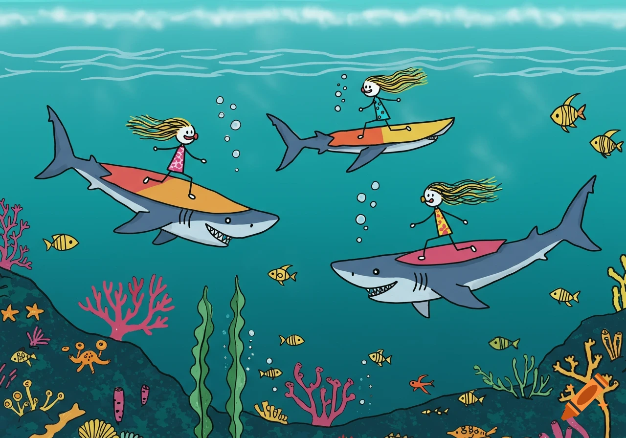 Stick figure drawing of three people riding sharks underwater.