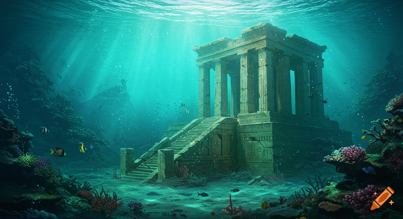 Underwater ruins of a temple with columns, stairs, coral, and fish, lit by sun rays