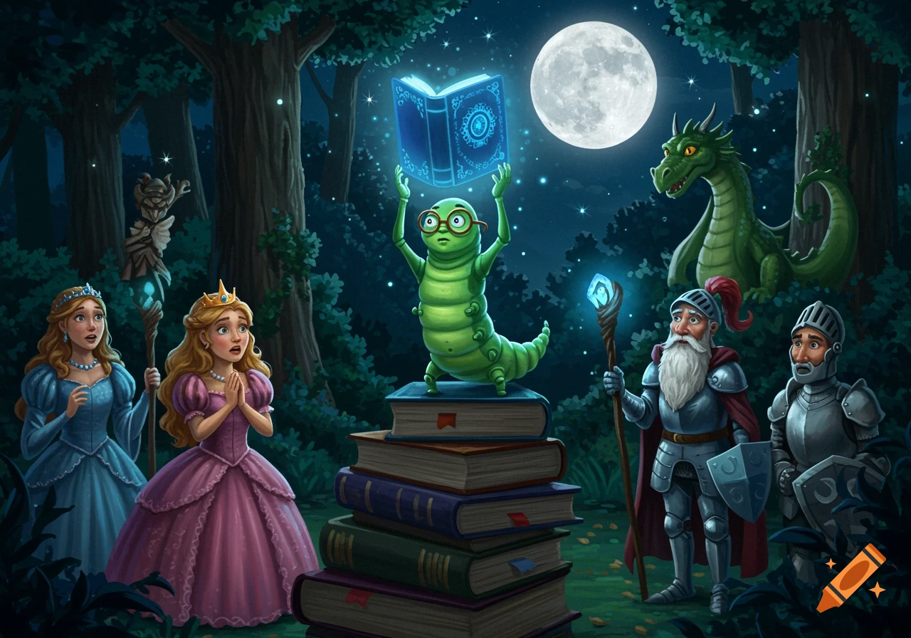 Fantasy scene of a bookworm on stacked books holding a glowing book, watched by princesses, a wizard, knight, and dragon in a forest at night.