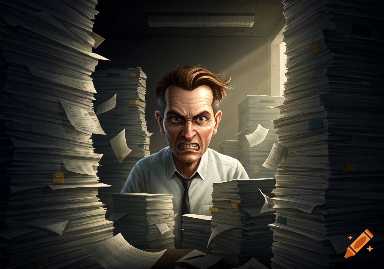 An angry man is overwhelmed by giant piles of paperwork in a dimly lit office.