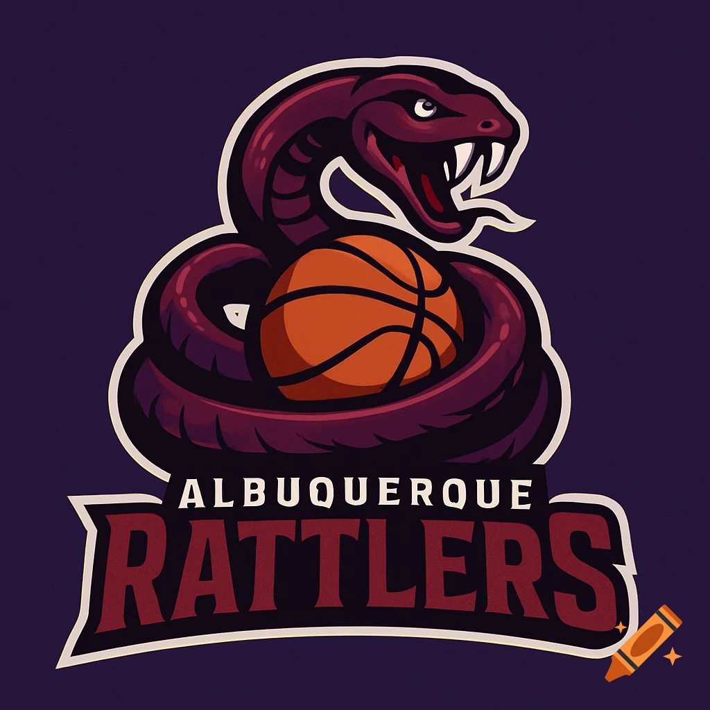 Logo of a coiled rattlesnake holding a basketball, with the text Albuquerque Rattlers below.