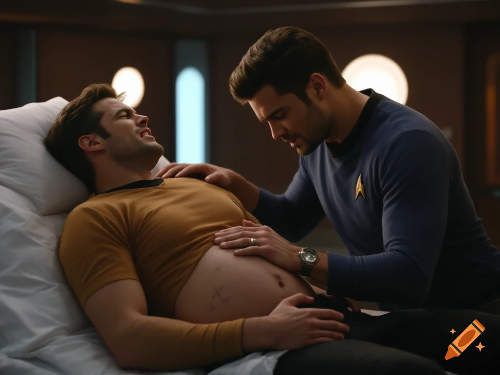 Two men in Starfleet uniforms, one pregnant in bed, the other comforting him. Photorealistic style.