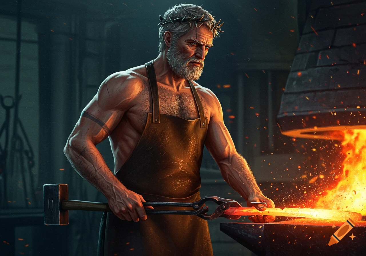 Muscular man in apron forging metal on an anvil in a fiery forge, art