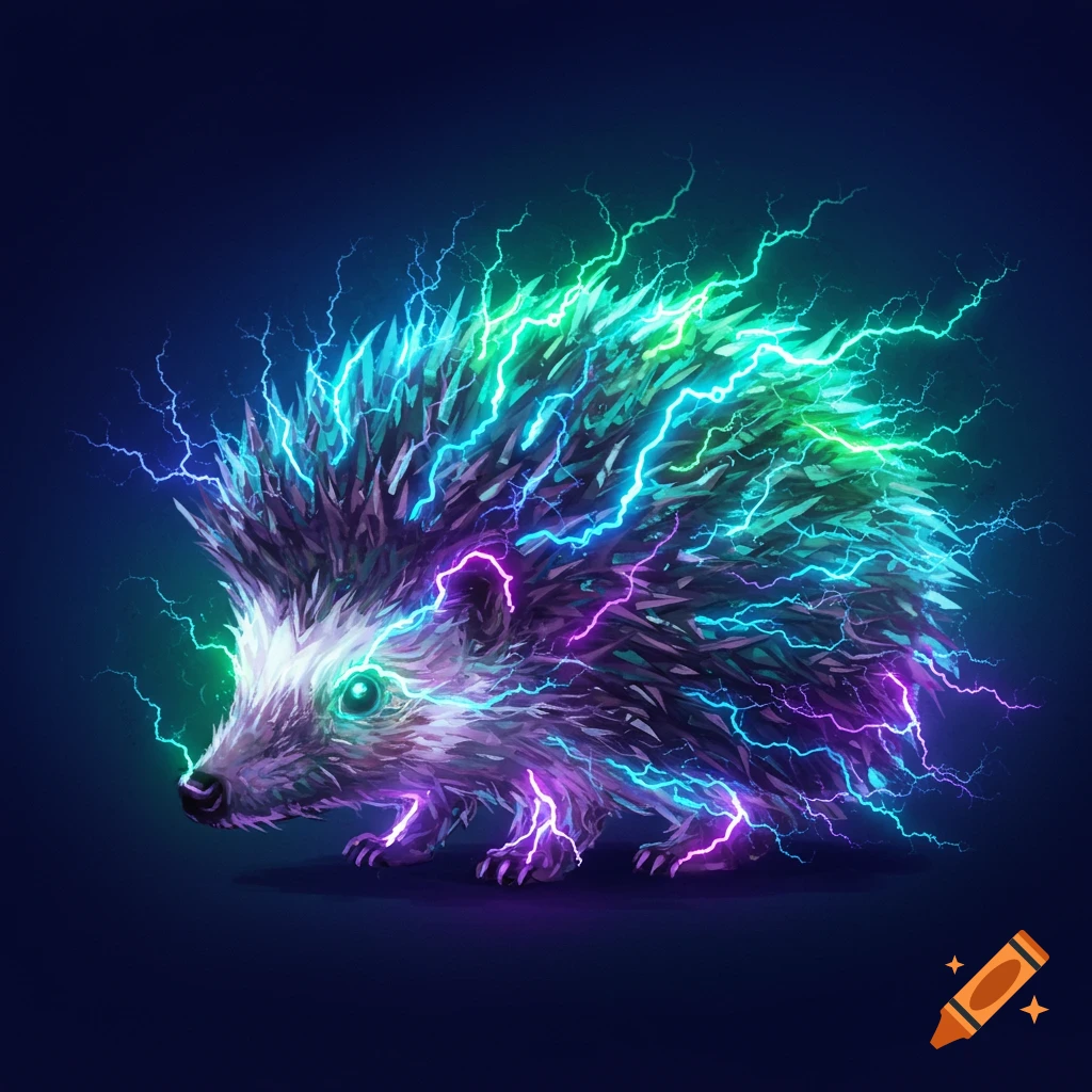 A hedgehog made of lightning and fur, crackling with bright blue, green, and purple electricity on a dark background.
