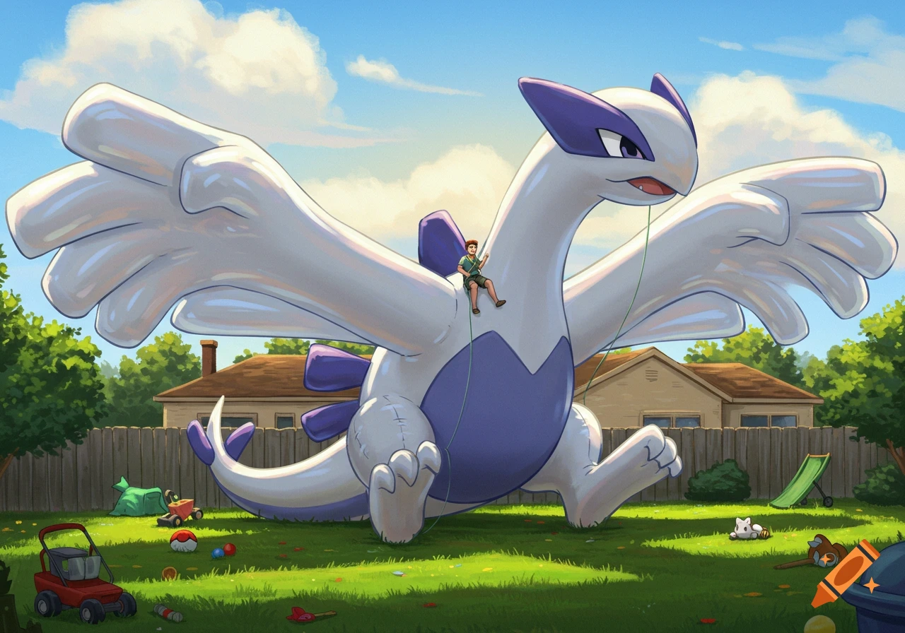 Giant inflatable Lugia in a backyard with a person riding its back, illustration style.