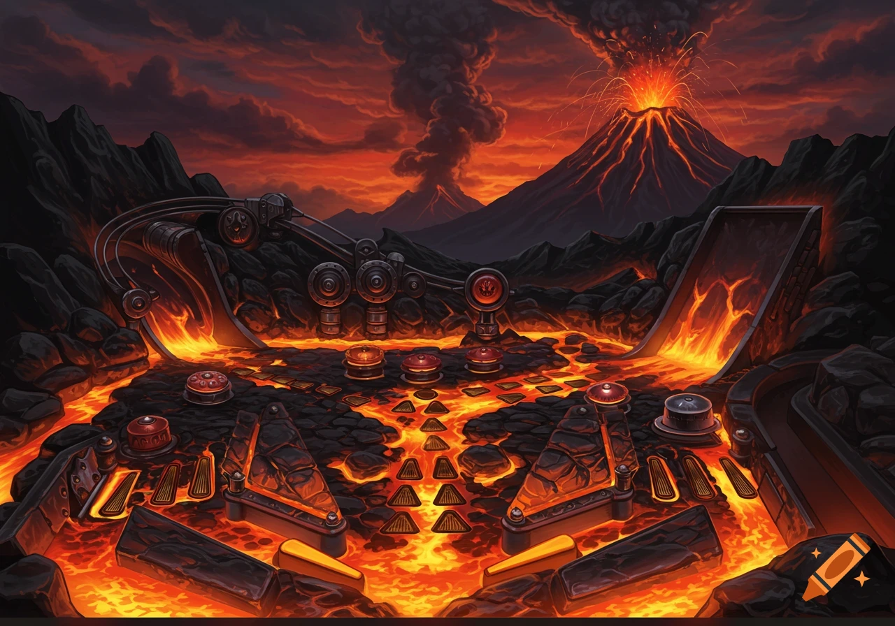 A fantasy pinball table with a volcanic theme, featuring lava flows and erupting volcanoes.