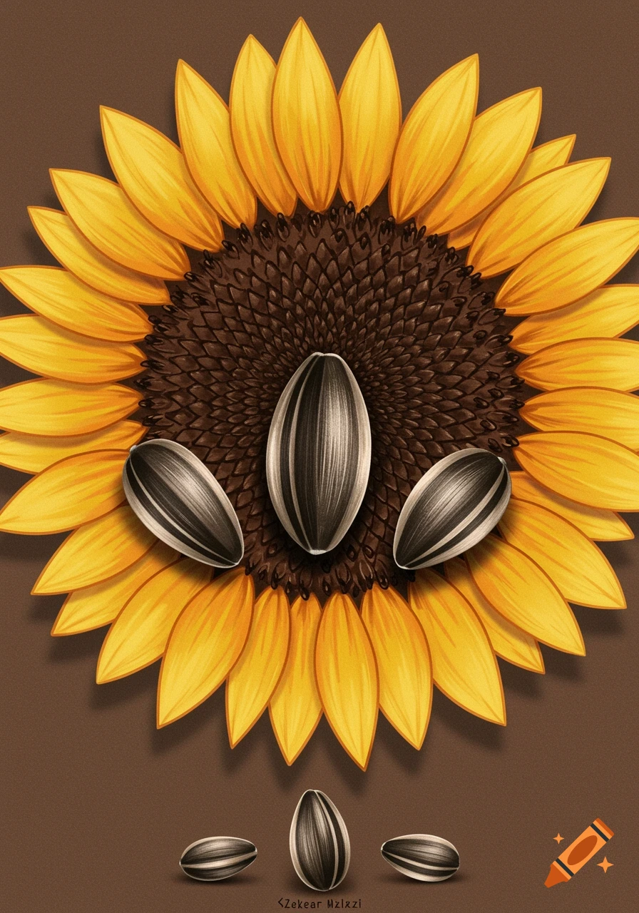 Illustration of a sunflower head with three large seeds on top and three seeds below.