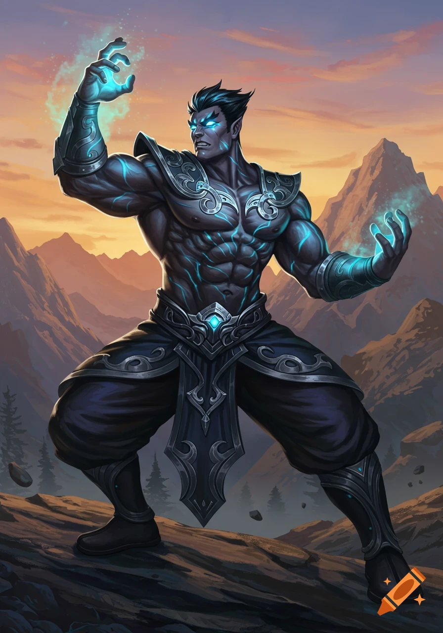 Muscular fantasy hero with glowing blue energy stands in a mountain ...