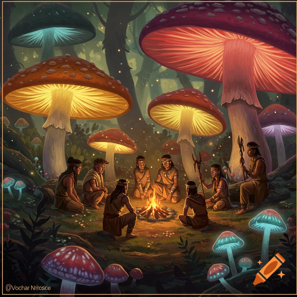 A tribe gathers around a campfire in a fantastical forest filled with giant glowing mushrooms.