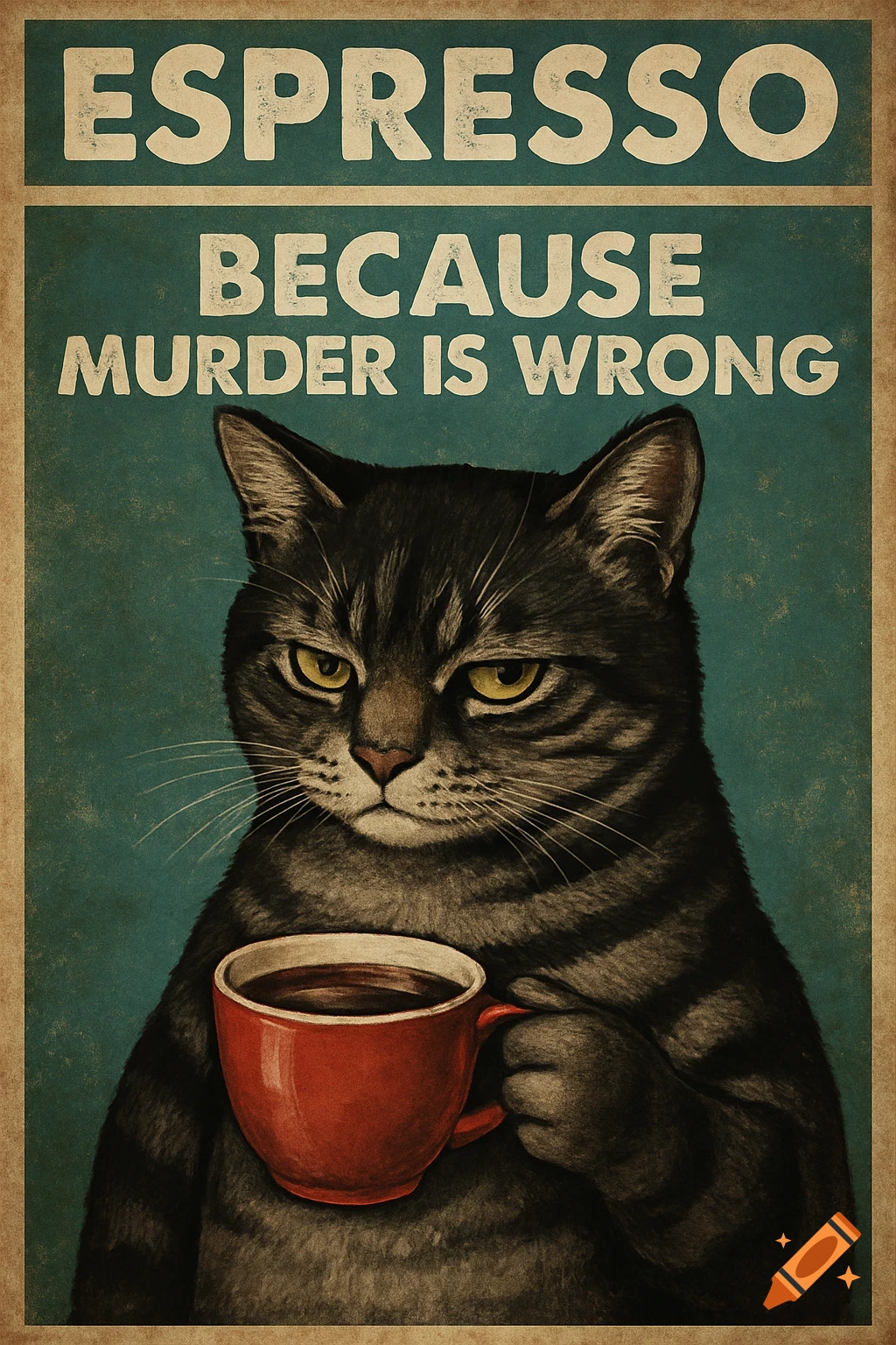 Vintage poster of a cat holding a coffee cup with text: Espresso Because Murder Is Wrong