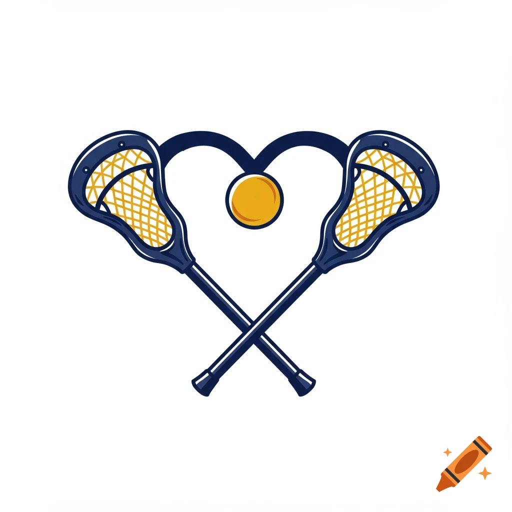 Illustration of two lacrosse sticks forming a heart shape with a ball in the center.