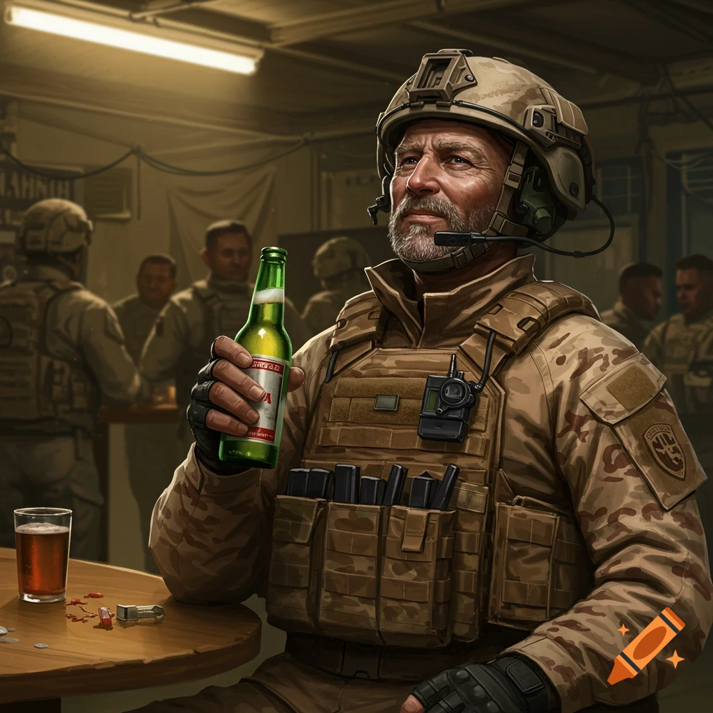 A soldier in tactical gear sits at a table holding a beer bottle.