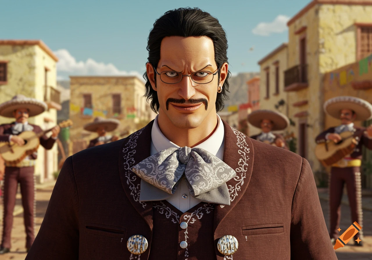 A man in a brown mariachi suit with a mustache and glasses stands in a Mexican town square with mariachis