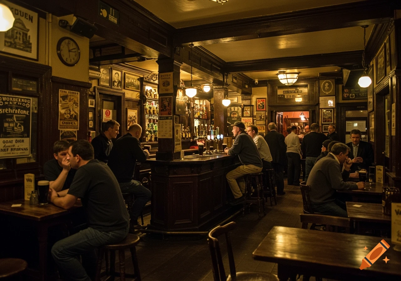 Interior of a dimly lit old pub with people sitting at tables and the bar.