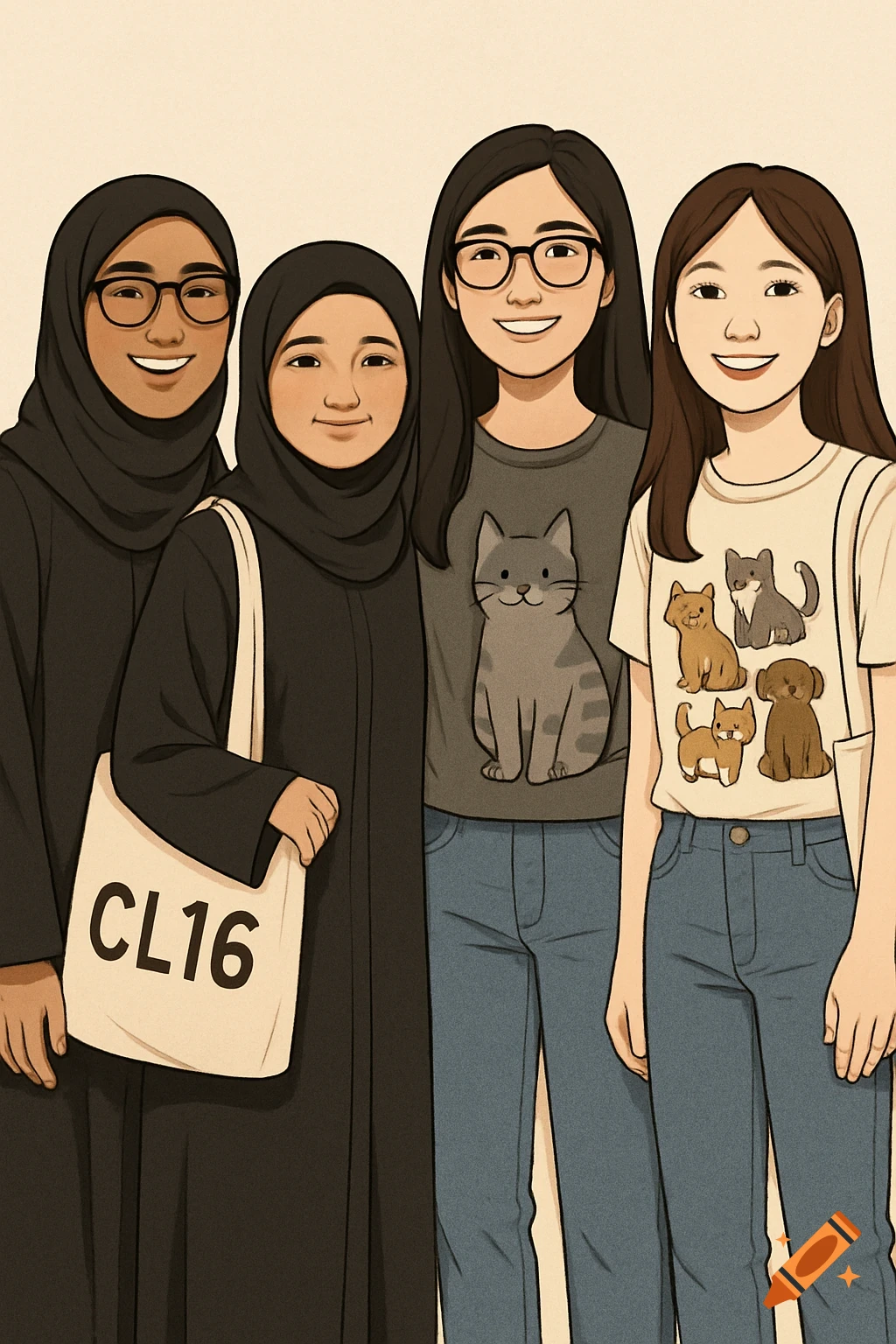 Cartoon illustration of four smiling girls, two in hijabs and abayas, two in t-shirts and jeans with animal prints.