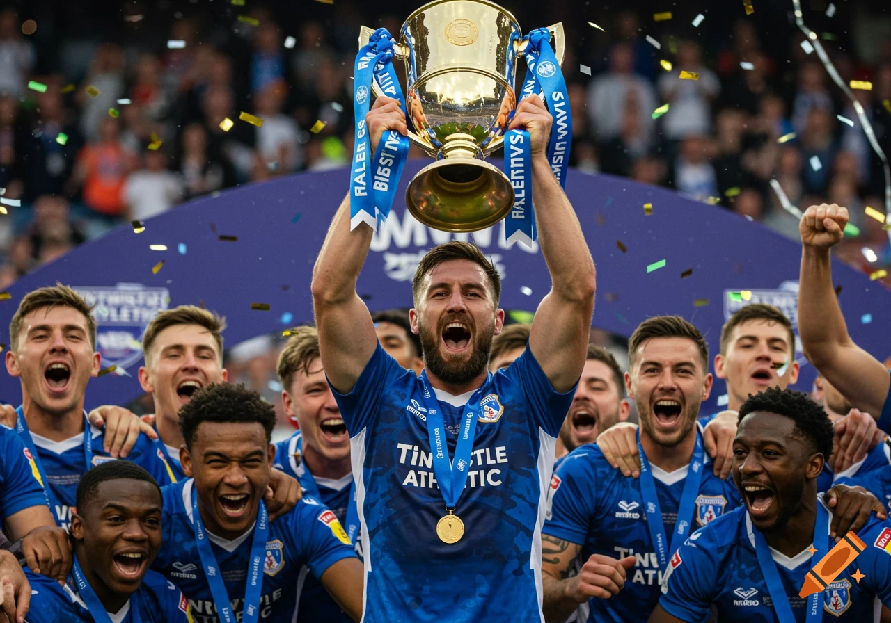 Football players celebrate lifting a large golden trophy with confetti falling.