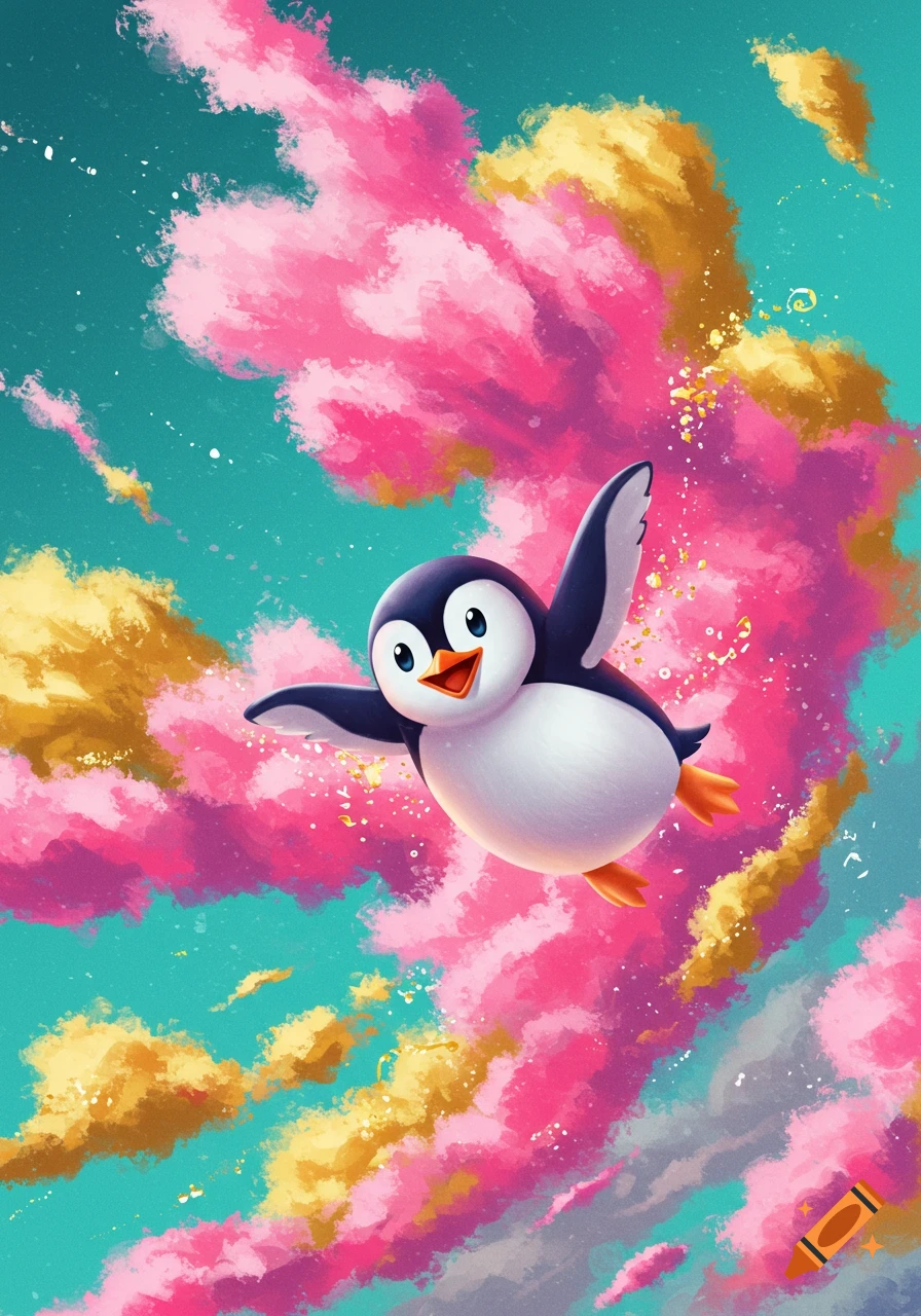 Cartoon penguin flying through vibrant pink and gold clouds in a blue sky.