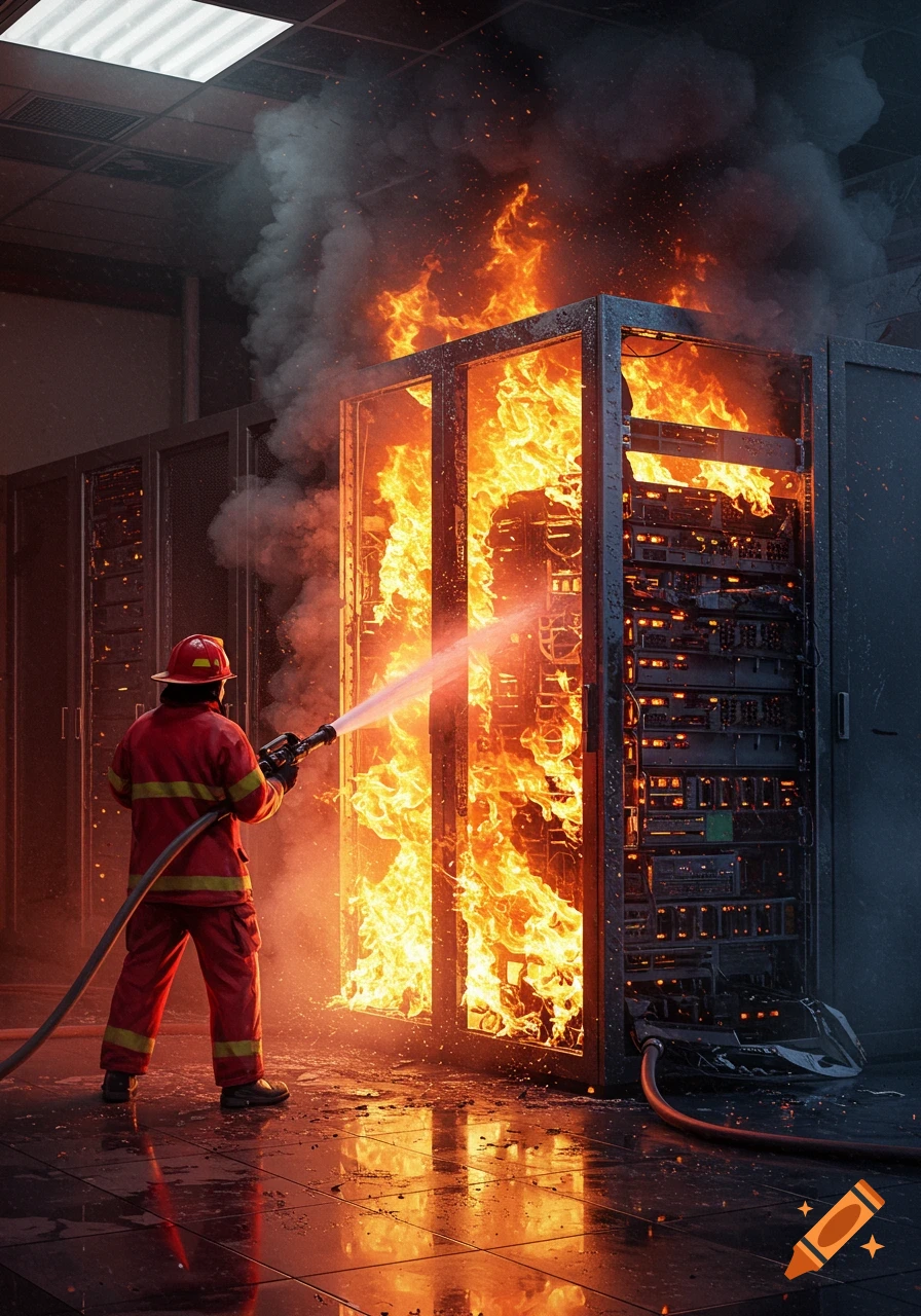 Firefighter sprays water on a burning server rack in a data center, photorealistic style.