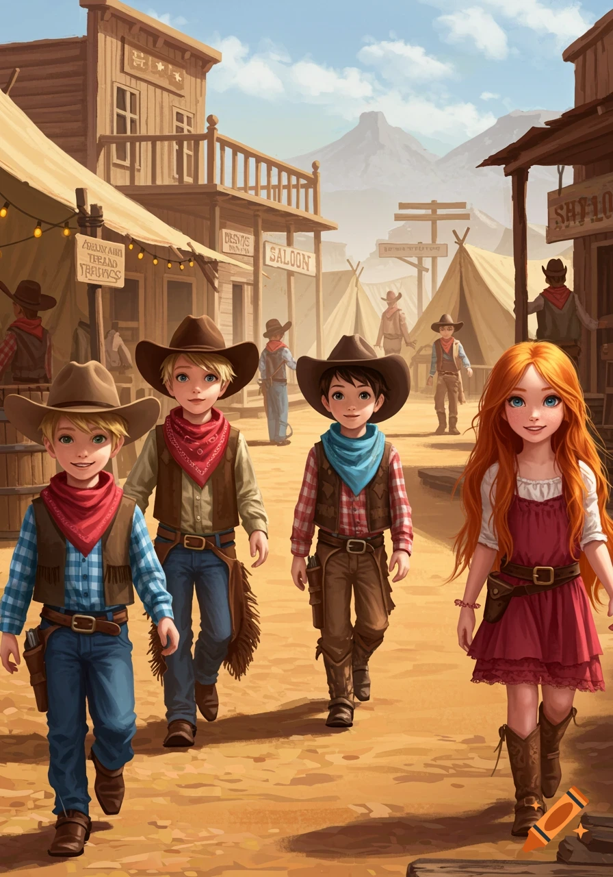 Illustration of four kids in cowboy outfits walking through a Wild West town.