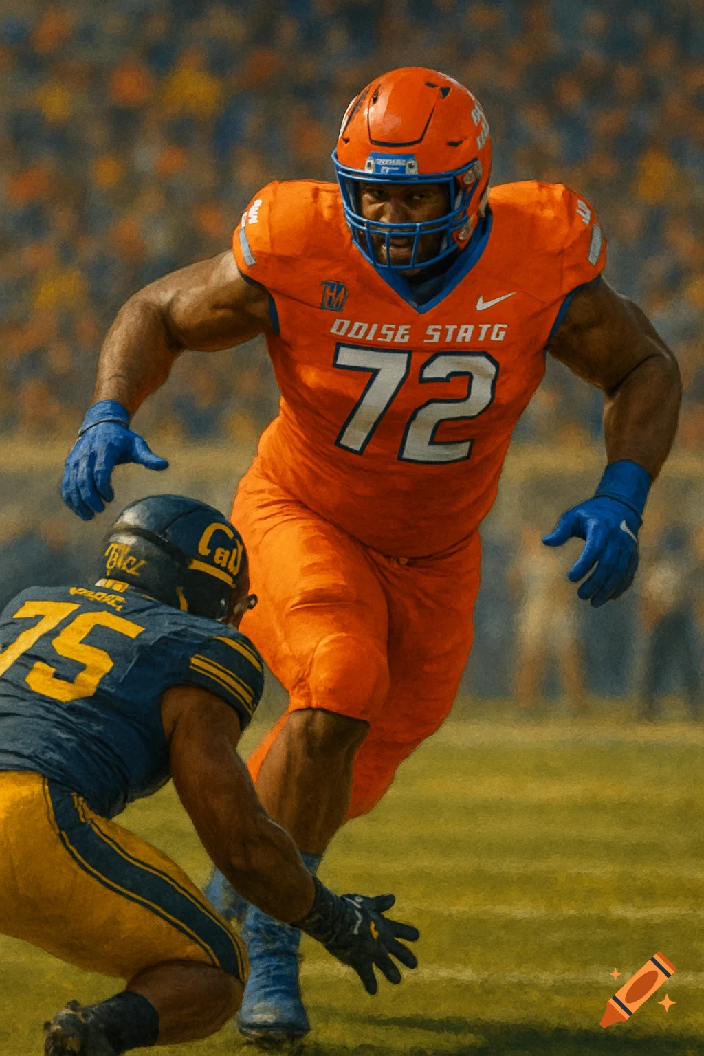 Two American football players during a game, one in orange jersey #72 running past another in blue and yellow jersey #75.