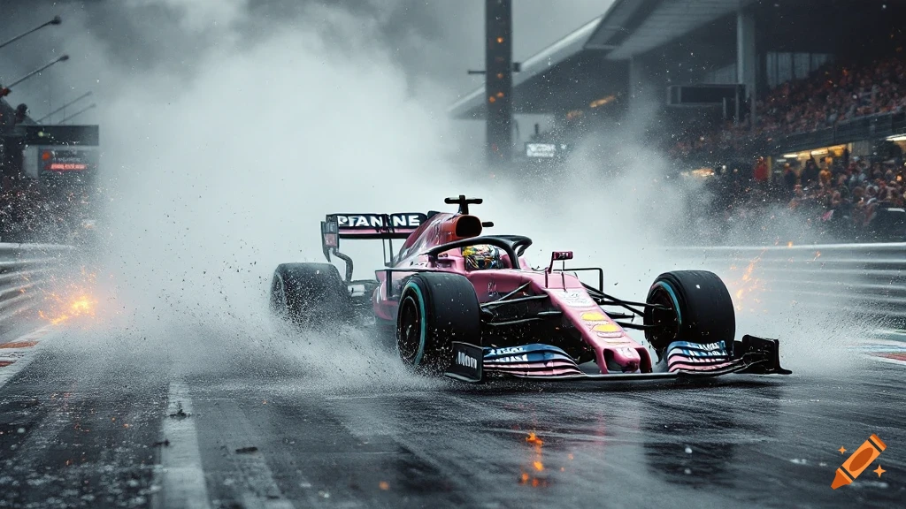 A pink Formula 1 race car drives on a wet track, spraying water and sparks
