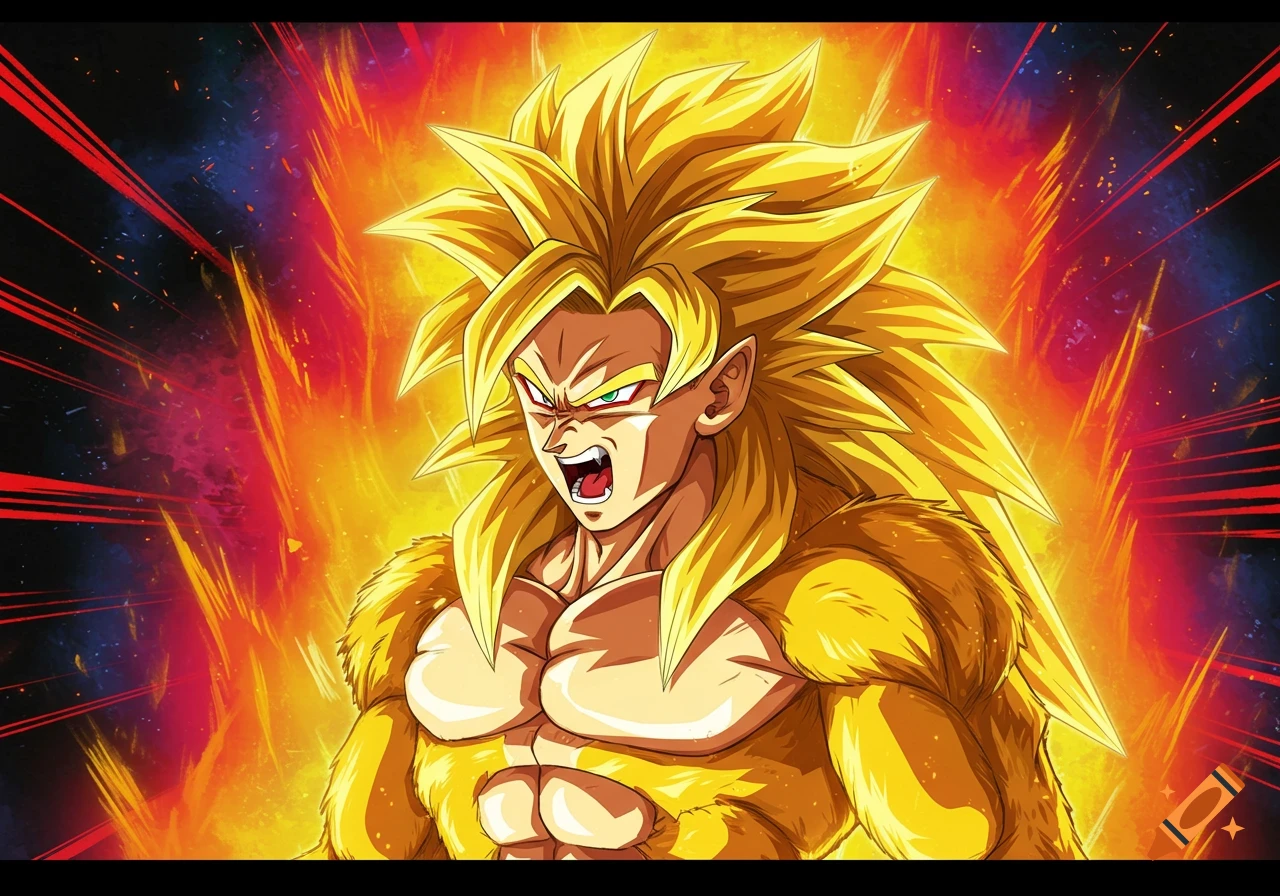 Anime illustration of Super Saiyan 4 Goku screaming with energy behind him
